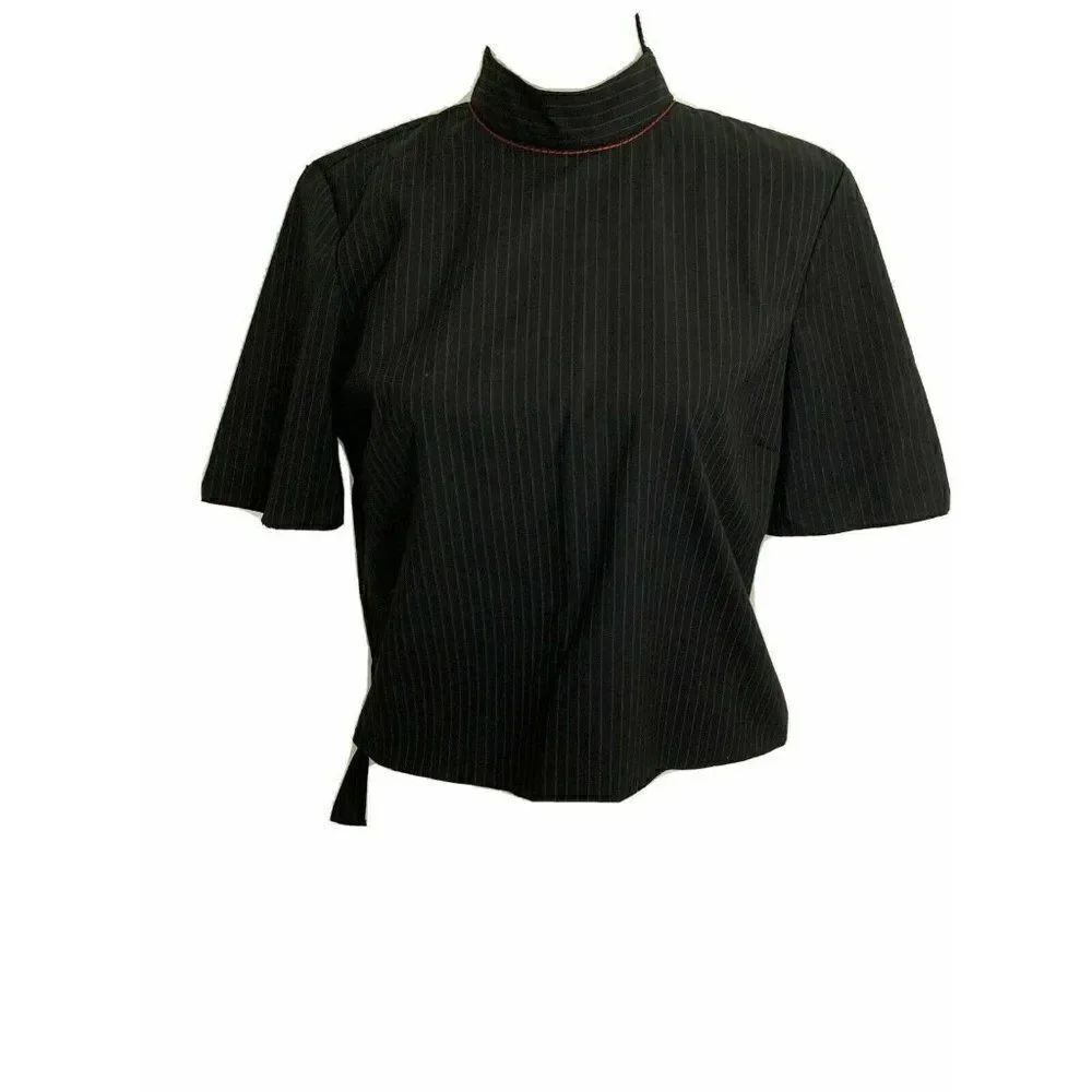 Zara Womens Black White Striped Short Sleeve Mock Neck Top Small